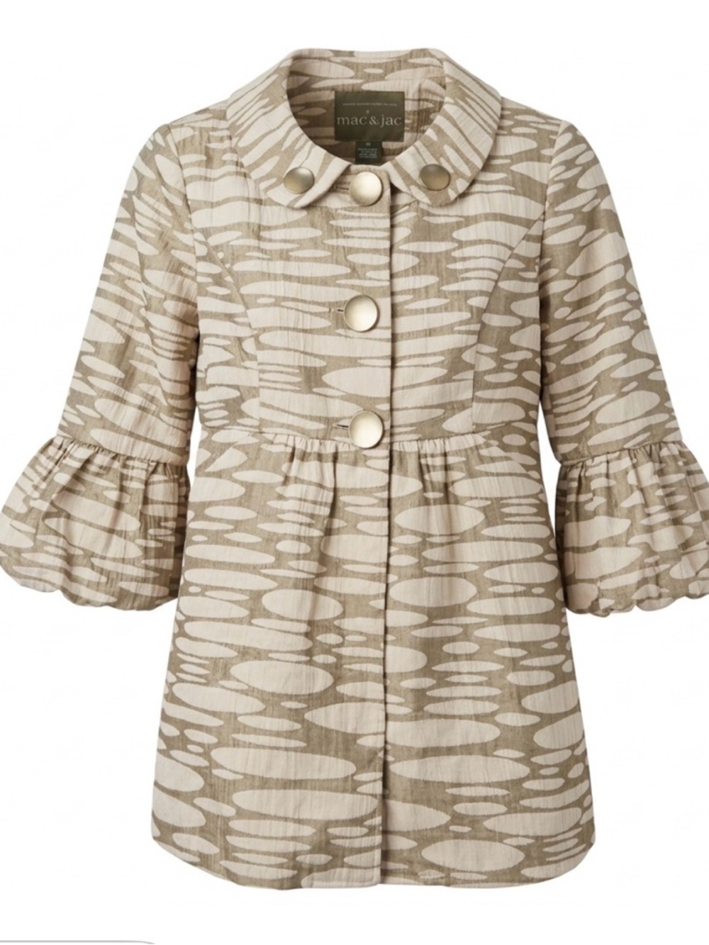 mac & jac Green and Cream Patterned Coat with big buttons and puffy cuffs